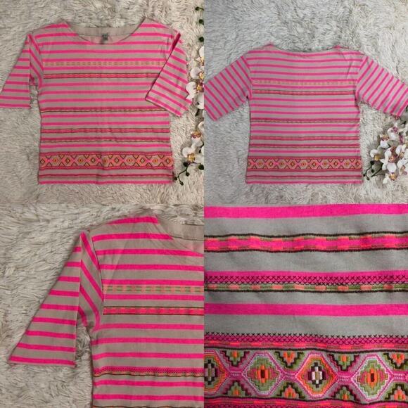 J. Crew Neon Pink Stitchwork Stripe top Embroidery 100% Cotton Size Medium - Picture 2 of 9